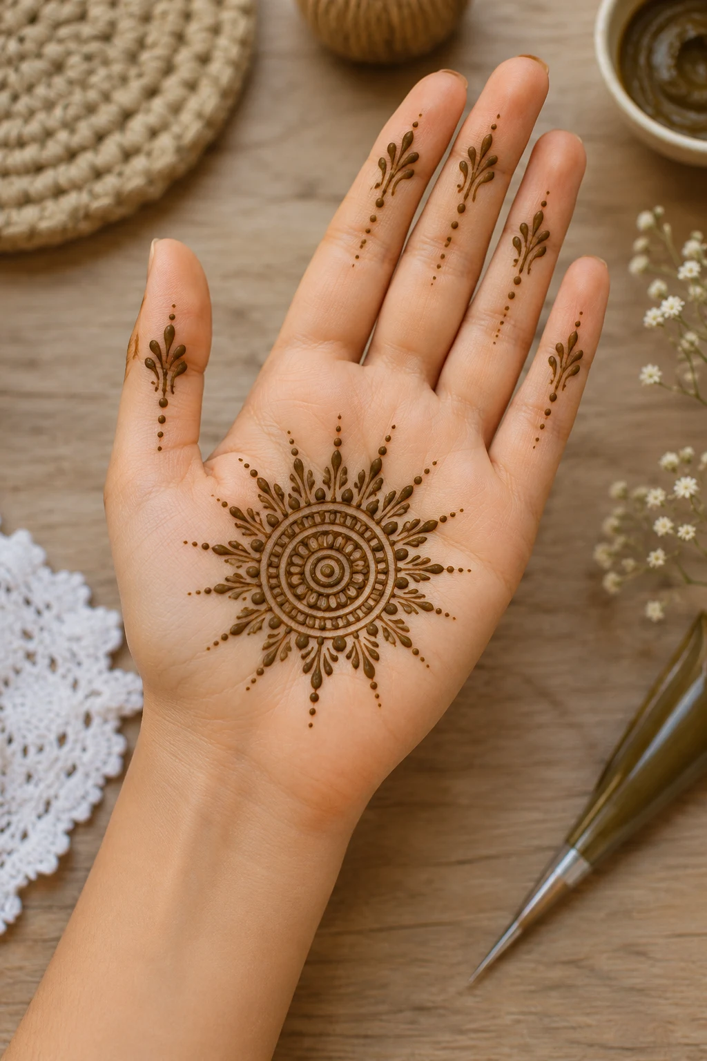 Sunburst Palm — simple mehndi designs front hand easy style outfit