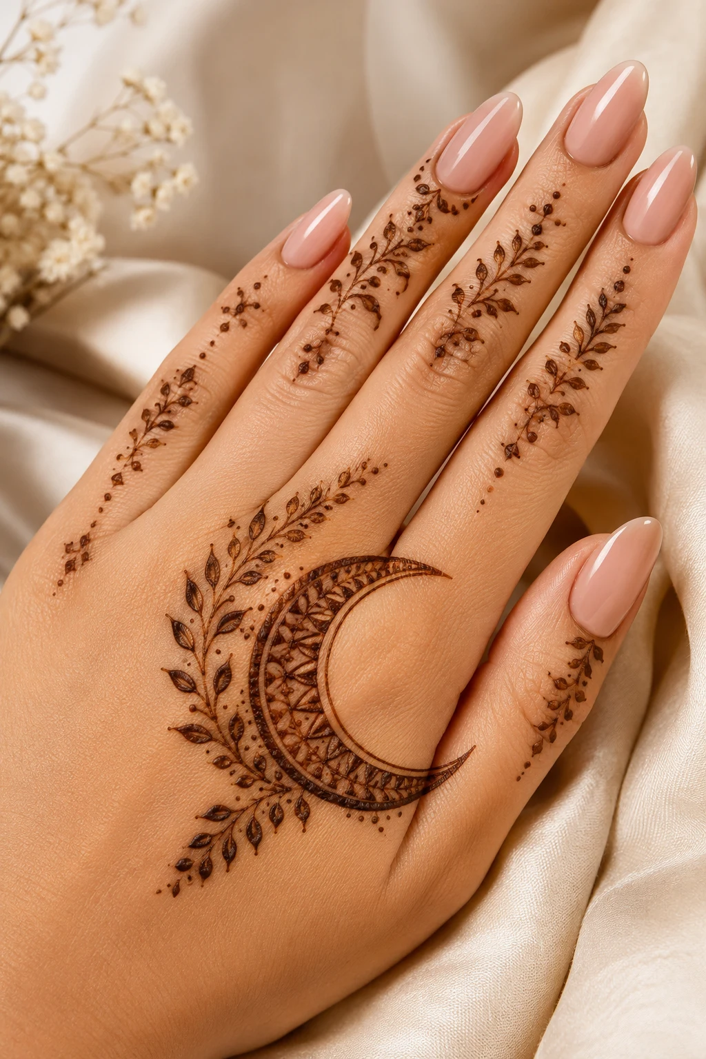 Leafy Half-Moon — simple mehndi designs style outfit
