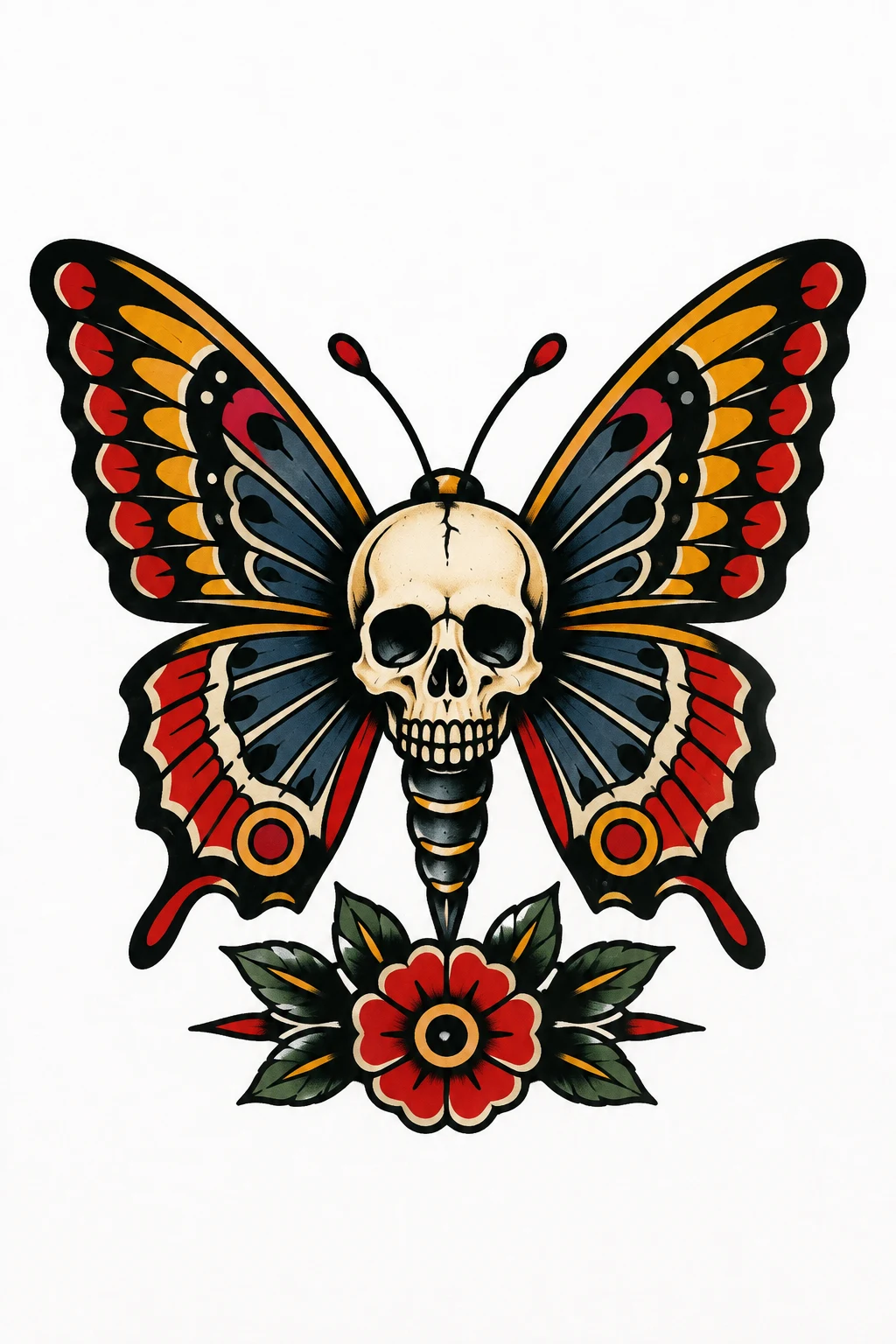 Old-School Skull Butterfly Trad Design — skull butterfly tattoo style outfit
