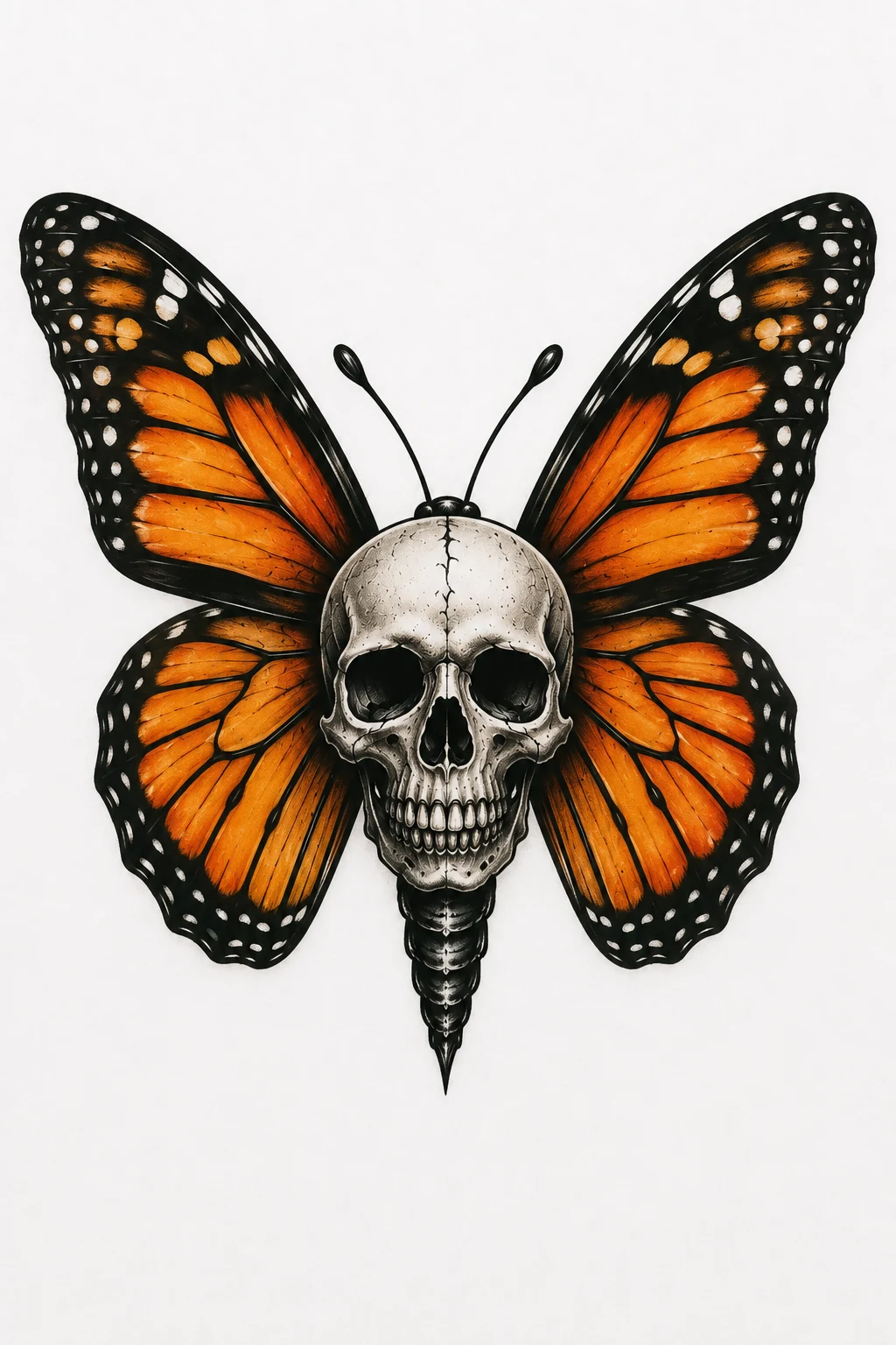 Realistic Skull With Monarch Wings — skull butterfly tattoo style outfit