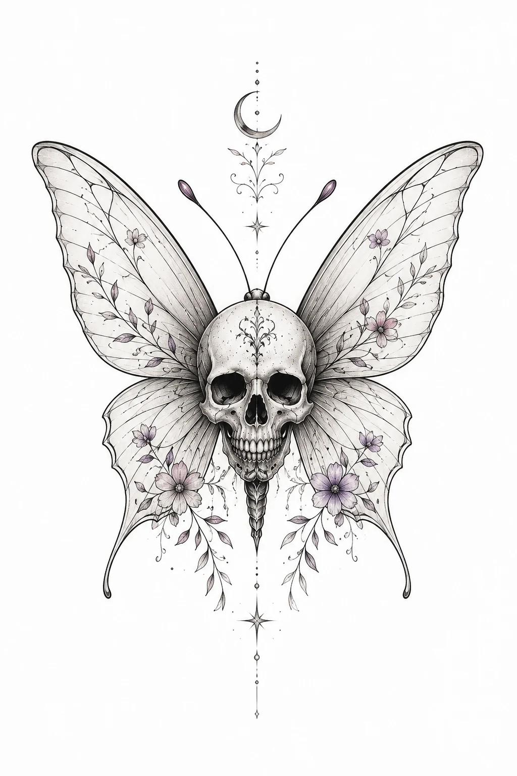 elegant Fine-Line Skull Butterfly — skull butterfly tattoo style outfit