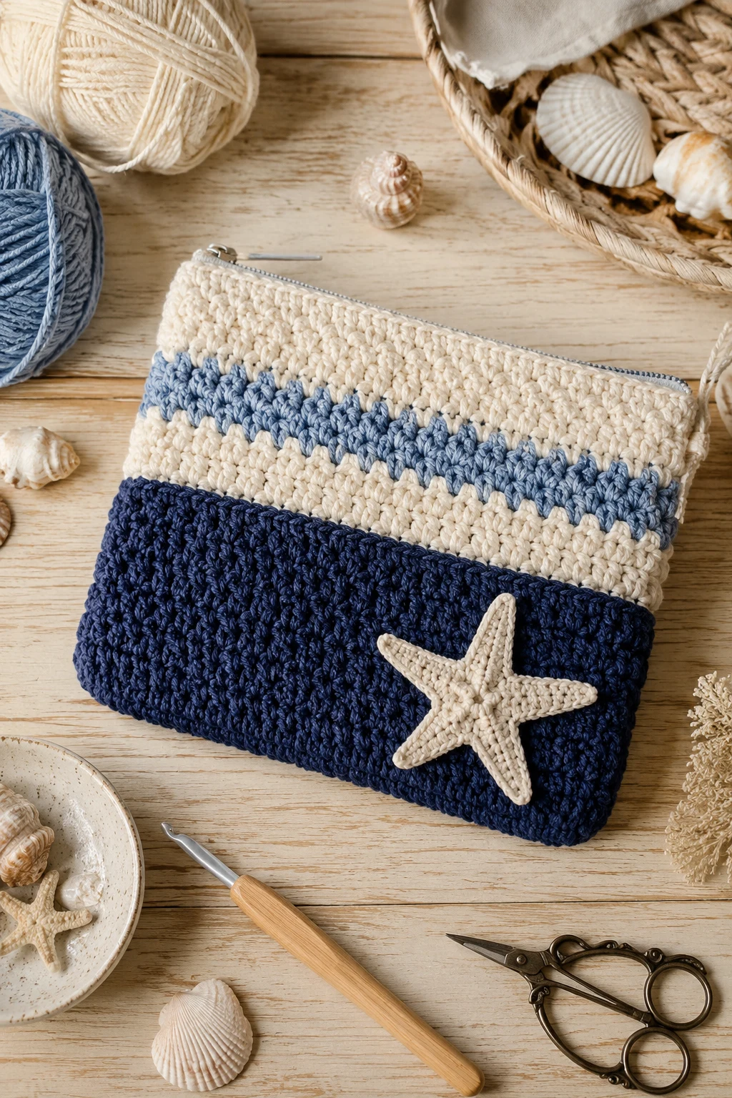 Blue-and-Cream Coastal Pouch — small crochet bag style outfit