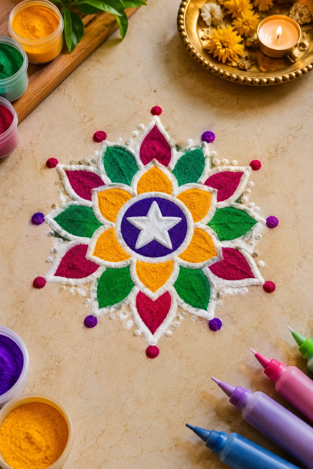 Small Rangoli Design With a Star Center — small rangoli design style outfit