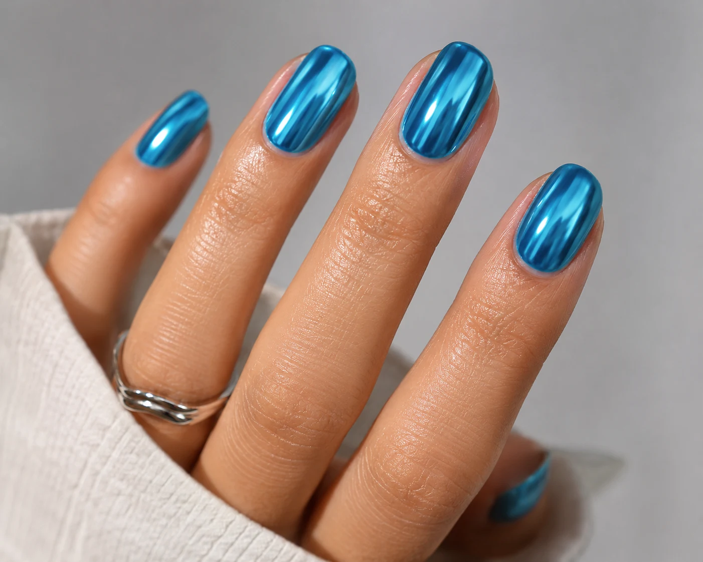 Poolside Blue Chrome — summer nails inspiration style outfit