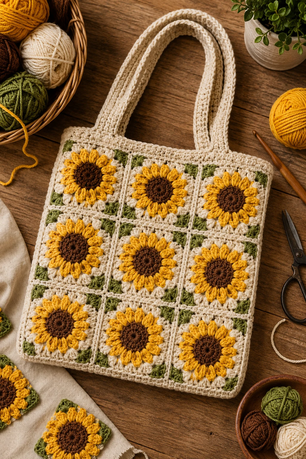 Classic Granny Square Sunshine — sunflower crochet bag style outfit