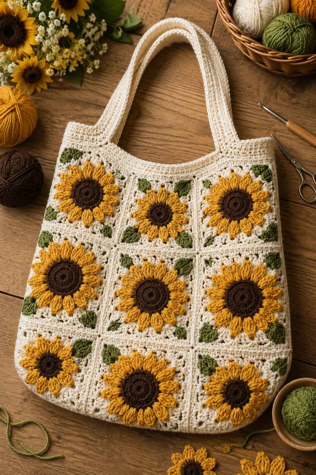 Sunflower Patchwork Tote — sunflower crochet bag style outfit