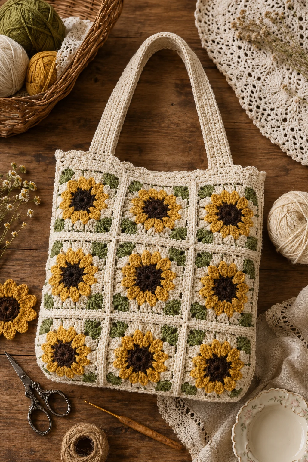 Vintage Cottage Bag — sunflower crochet bag style outfit