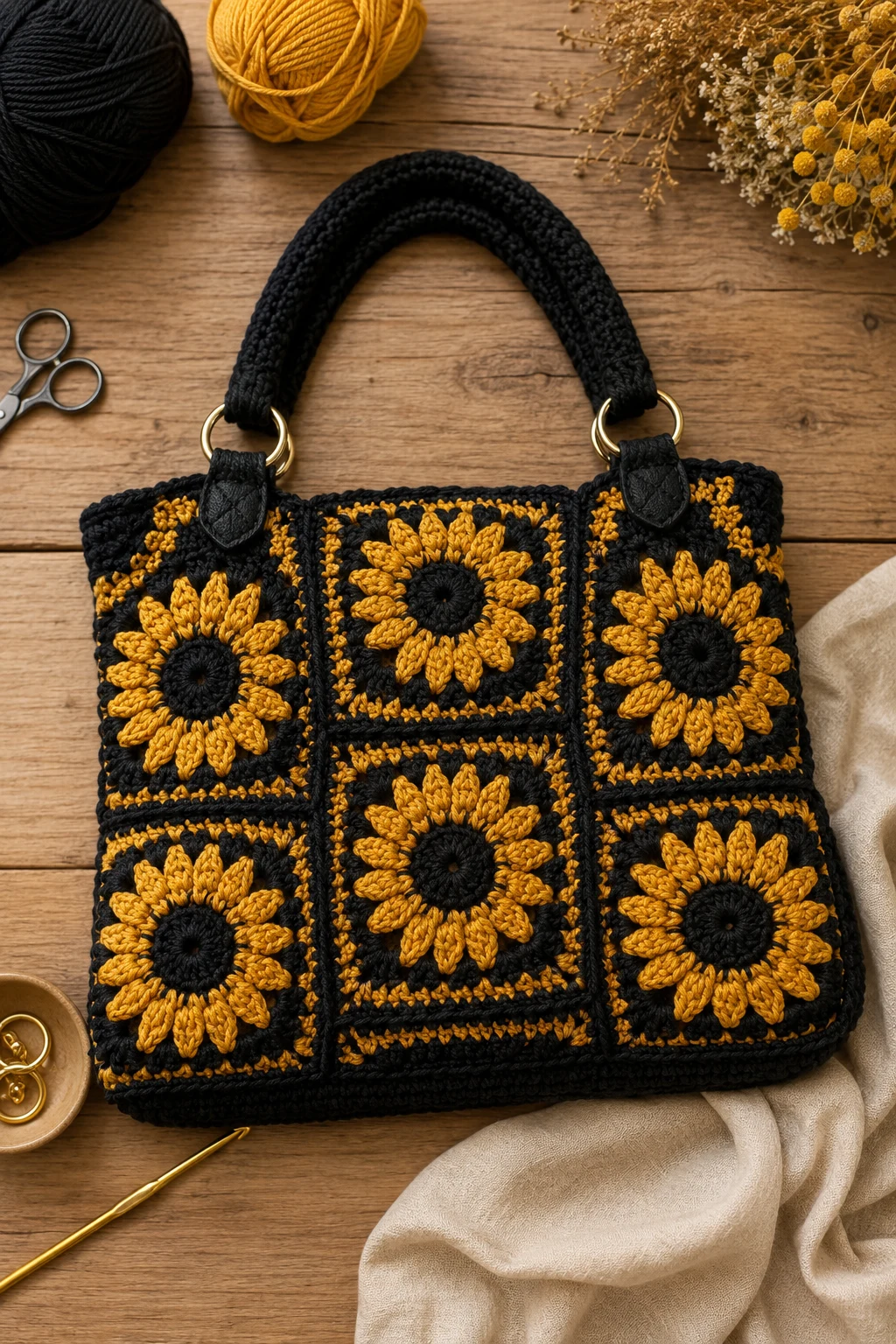 Black & Gold Statement Bag — sunflower crochet bag style outfit