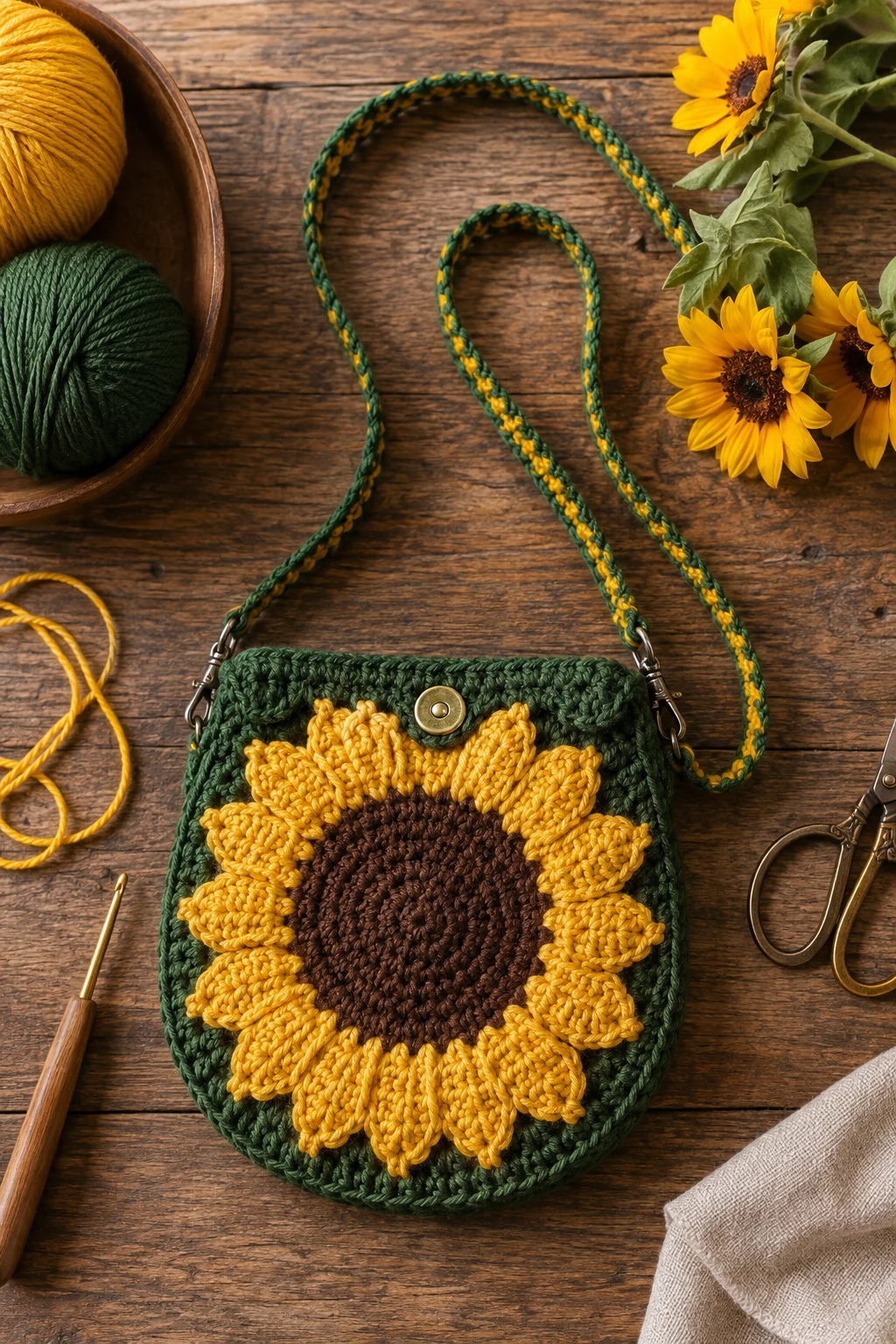 Mini Sunflower Crossbody — sunflower crochet bag style outfit