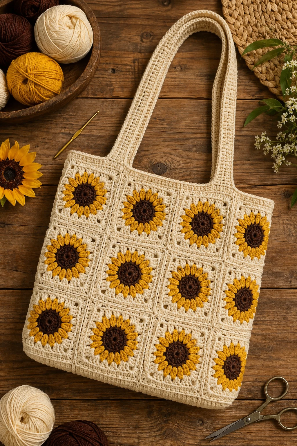 Sunflower Market Tote — sunflower crochet bag style outfit