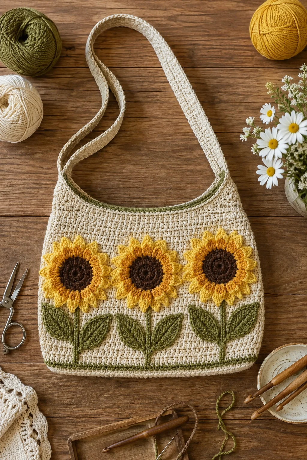Three-Sunflower Shoulder Bag — sunflower crochet bag style outfit