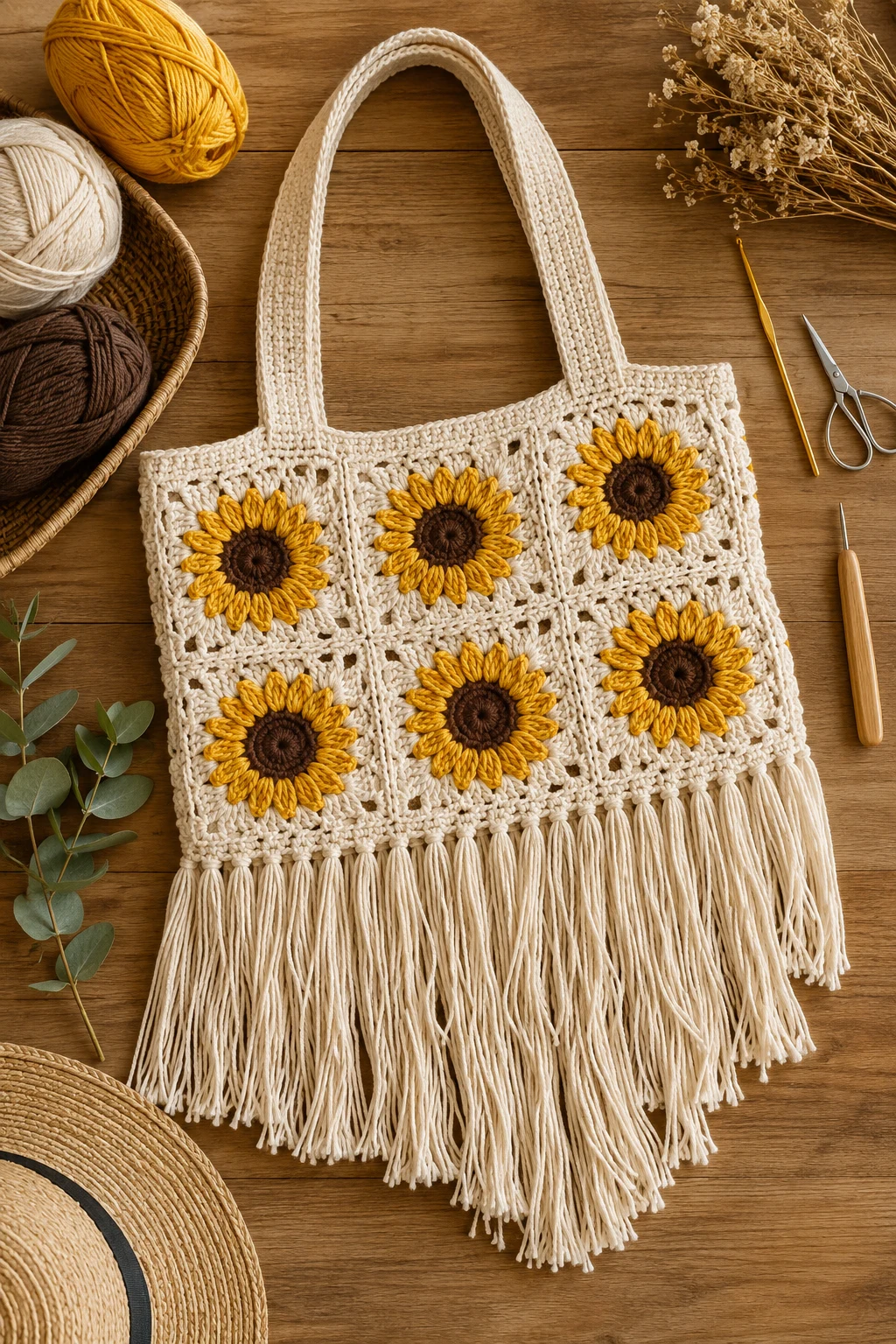 Boho Fringe Sunflower Tote — sunflower crochet bag style outfit