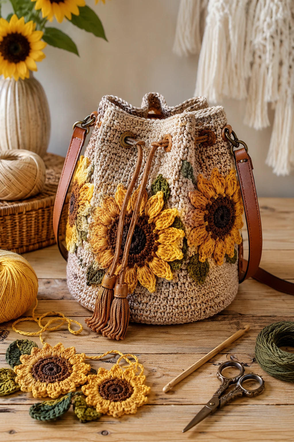 Sunflower Bucket Bag — sunflower crochet bag style outfit