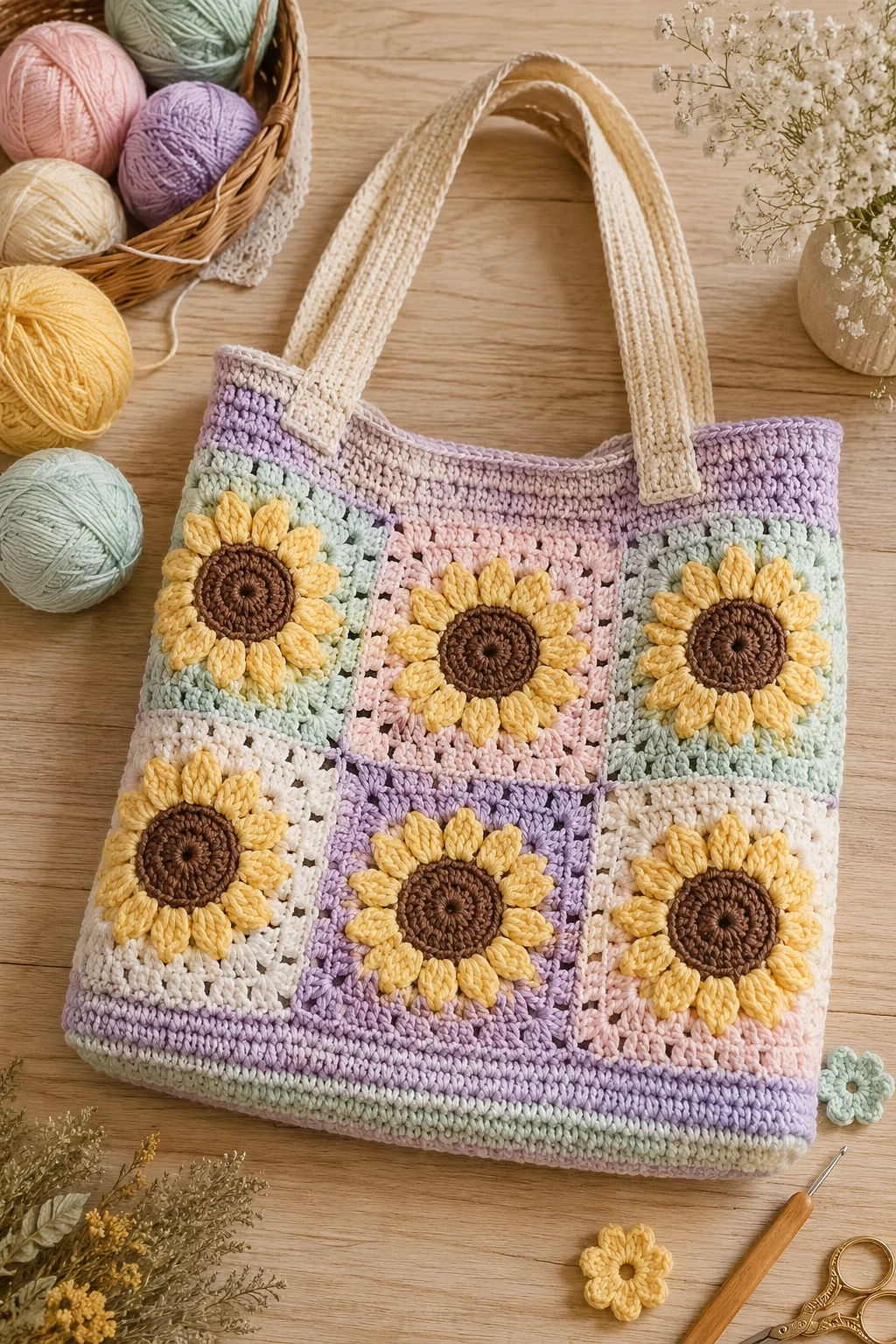 Pastel Sunflower Bag — sunflower crochet bag style outfit