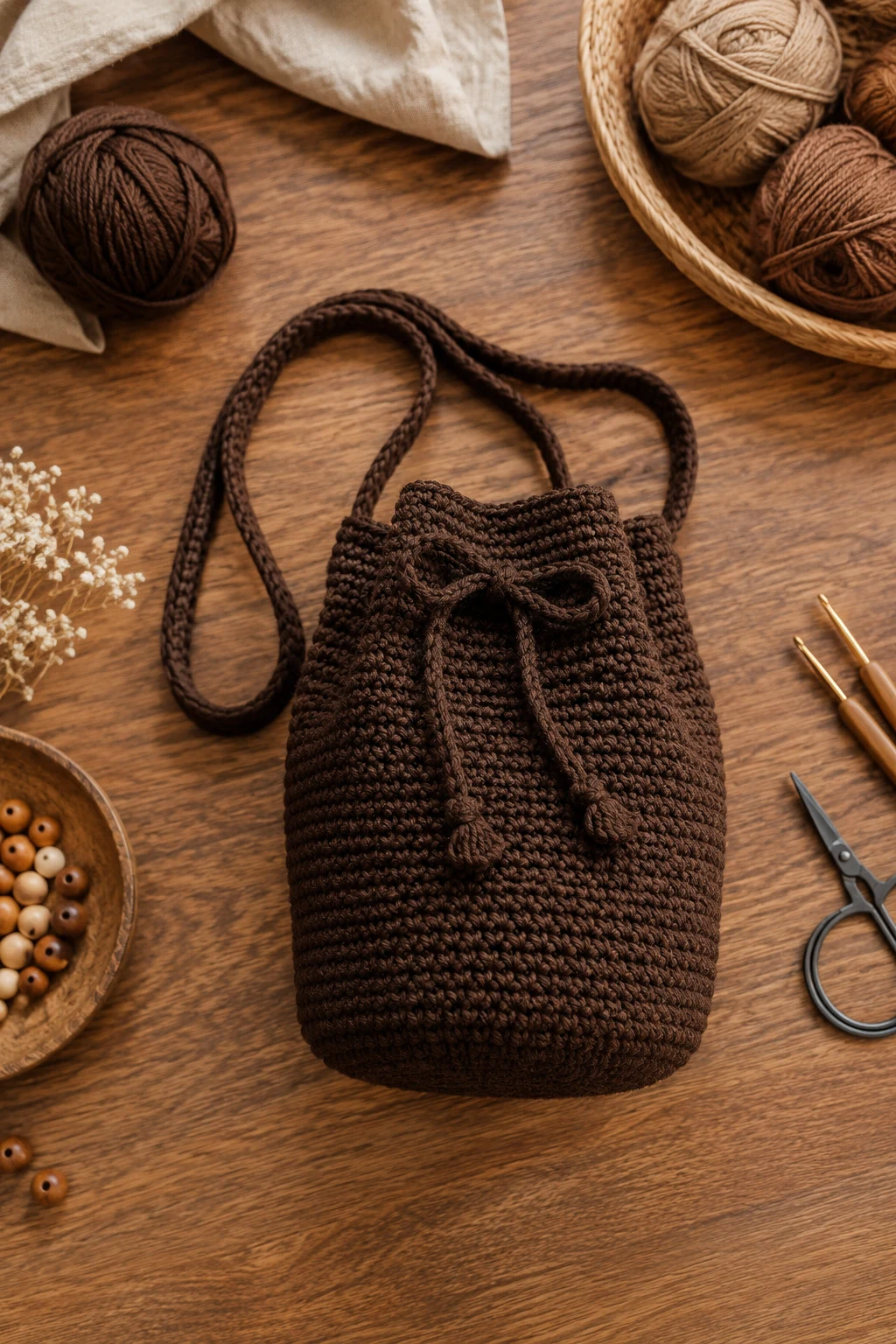 Crochet Bucket Bag in Espresso Brown — trendy crochet bag style outfit
