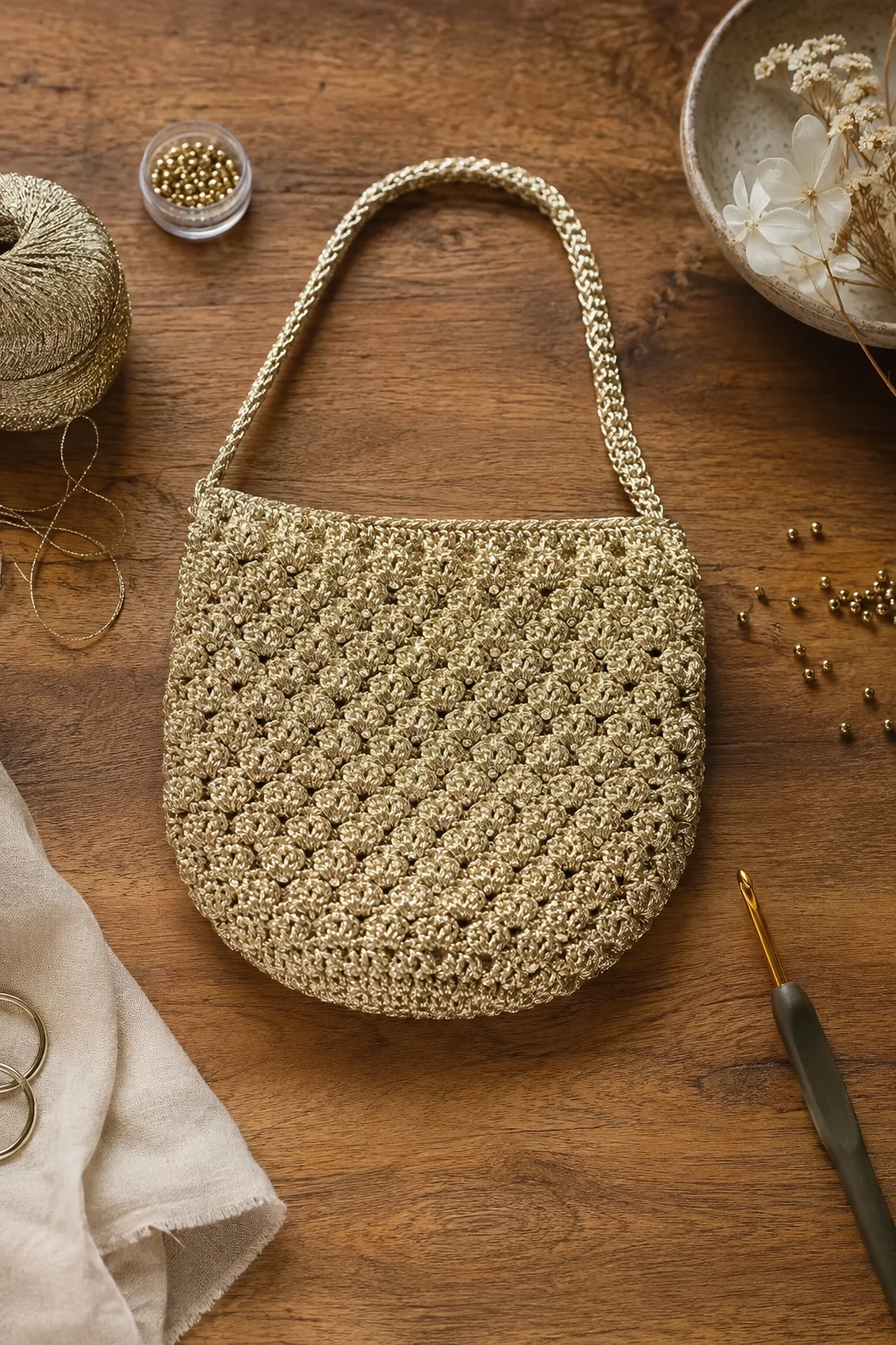 Metallic Evening Crochet Bag — trendy crochet bag style outfit