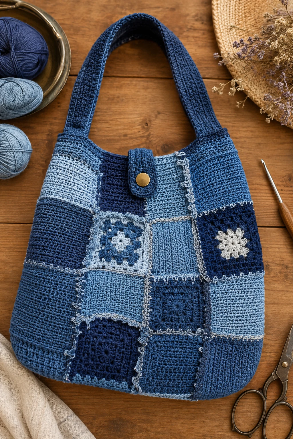 Patchwork Denim-Inspired Bag — trendy crochet bag style outfit