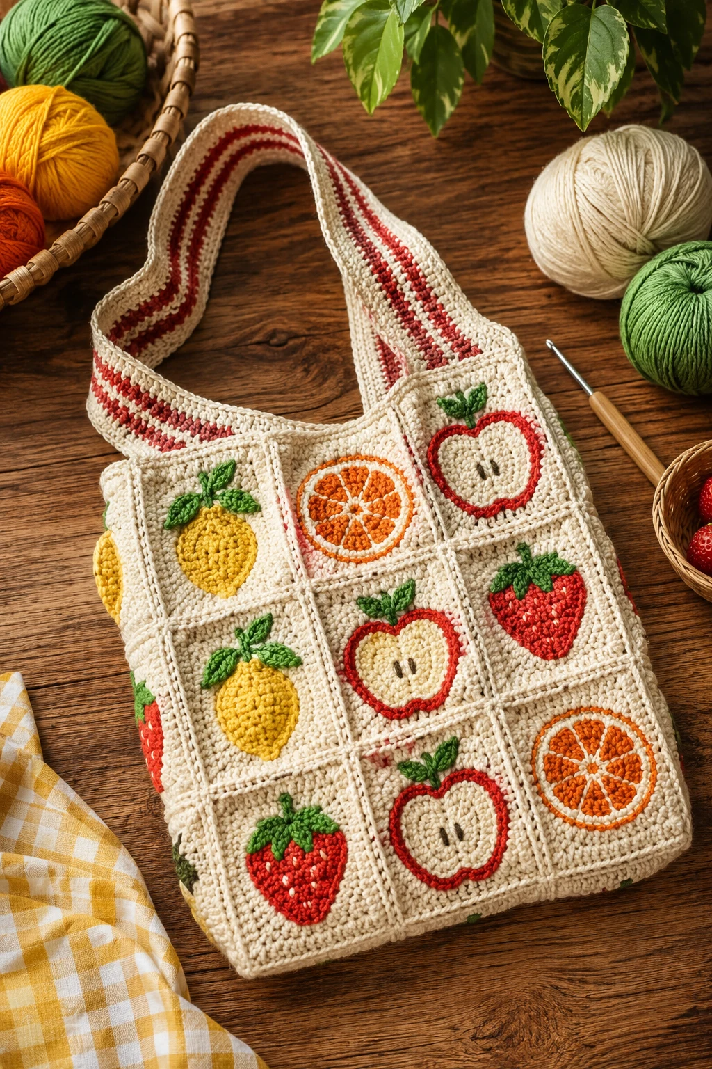 Retro Fruit Market Bag — A Playful Trendy Crochet Bag — trendy crochet bag style outfit