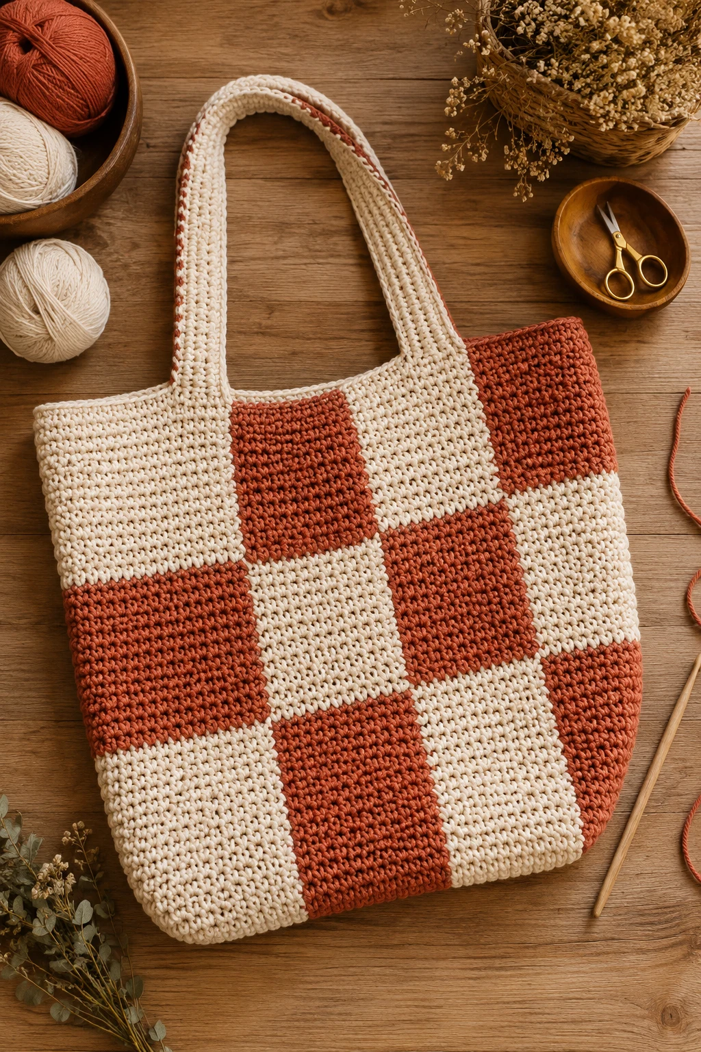 Checkerboard Color-Block Tote — trendy crochet bag style outfit