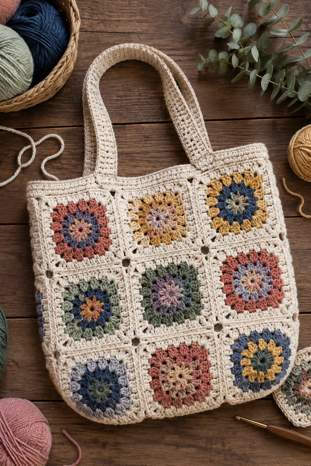 Oversized Granny-Square Carryall — trendy crochet bag style outfit