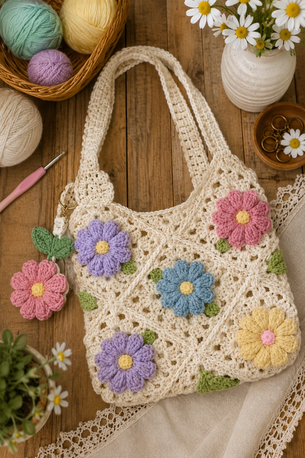 Crochet Flower Bag With Matching Charm — trendy crochet bag style outfit