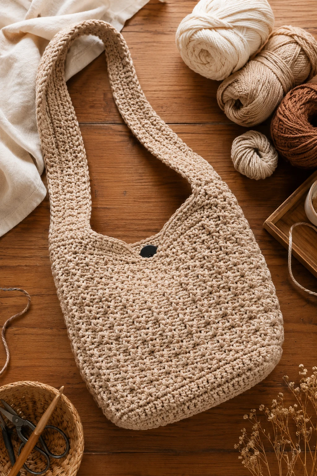 Chunky Neutral Shoulder Bag — trendy crochet bag style outfit