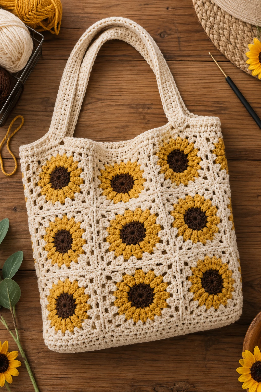 Sunflower Market Bag — trendy crochet bag style outfit