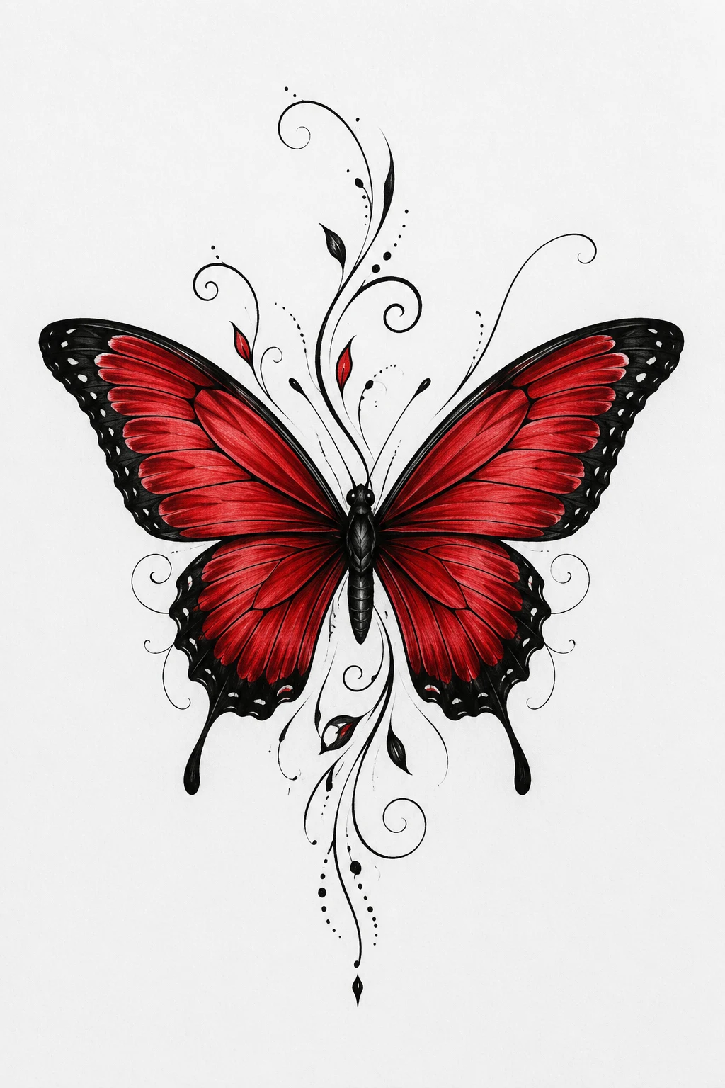 Red Butterfly With Black Fine Lines — unique butterfly tattoo designs style outfit