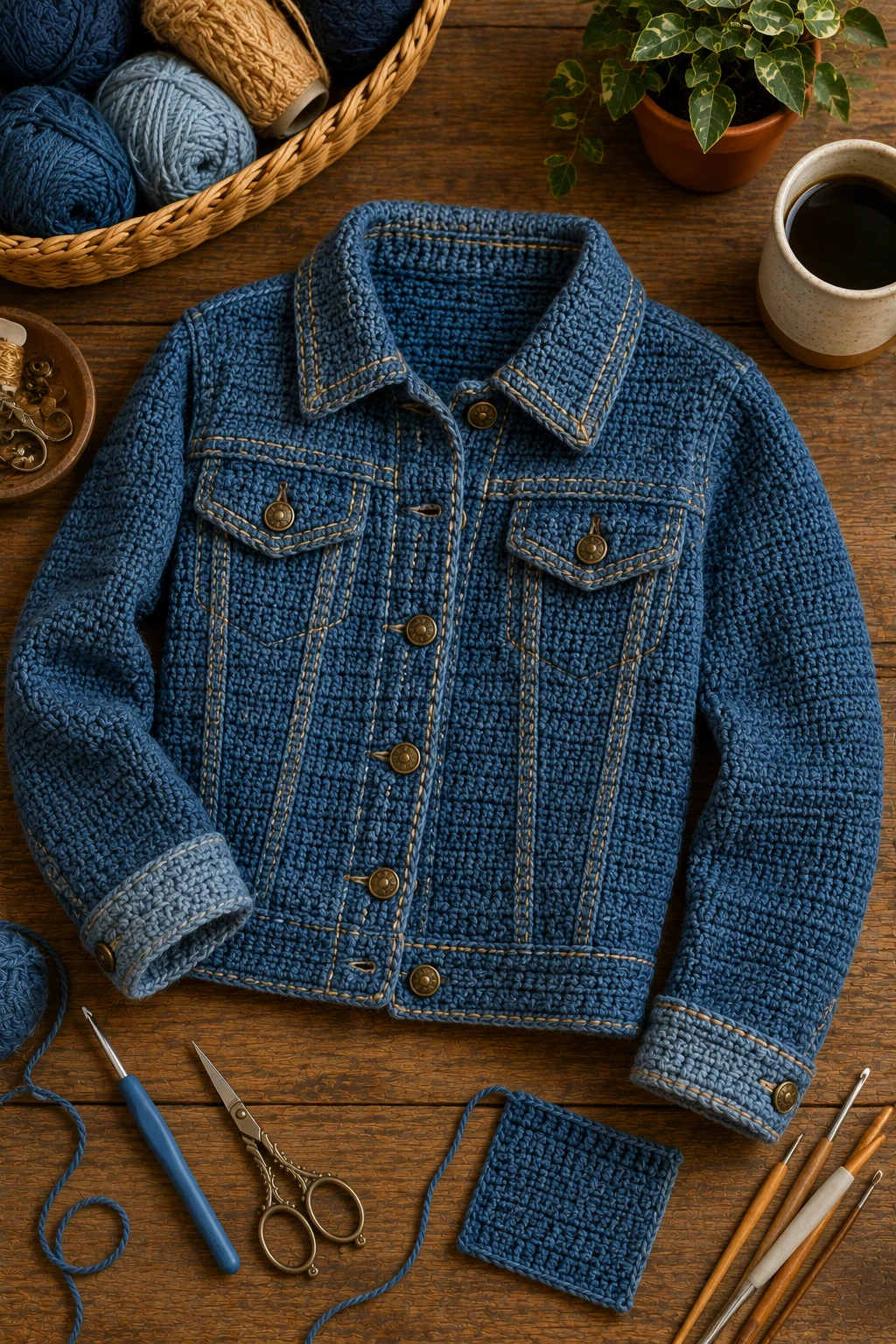 Denim-Style Crochet Jacket — unique crochet ideas style outfit