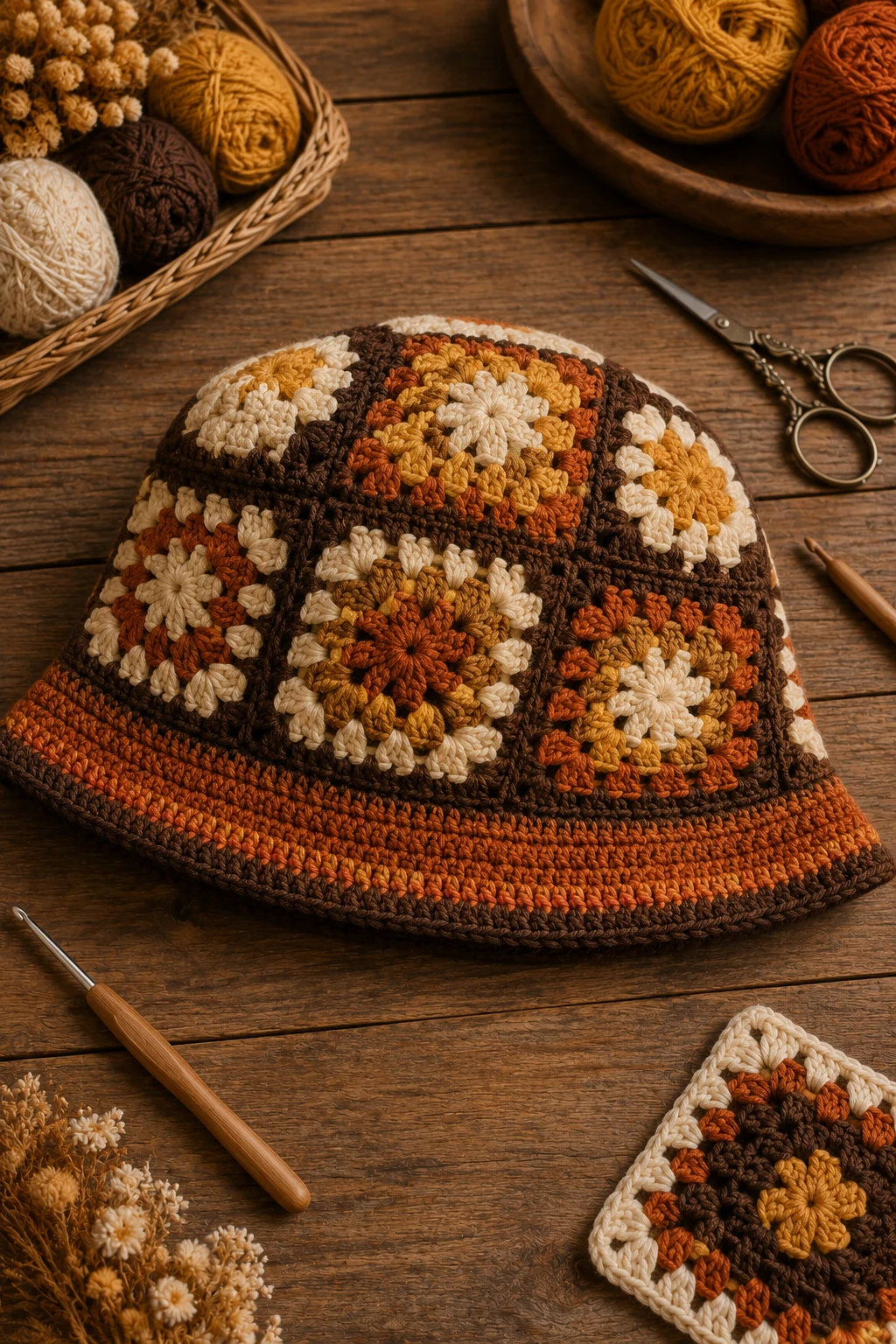 Retro Granny Square Bucket Hat — unique crochet ideas style outfit