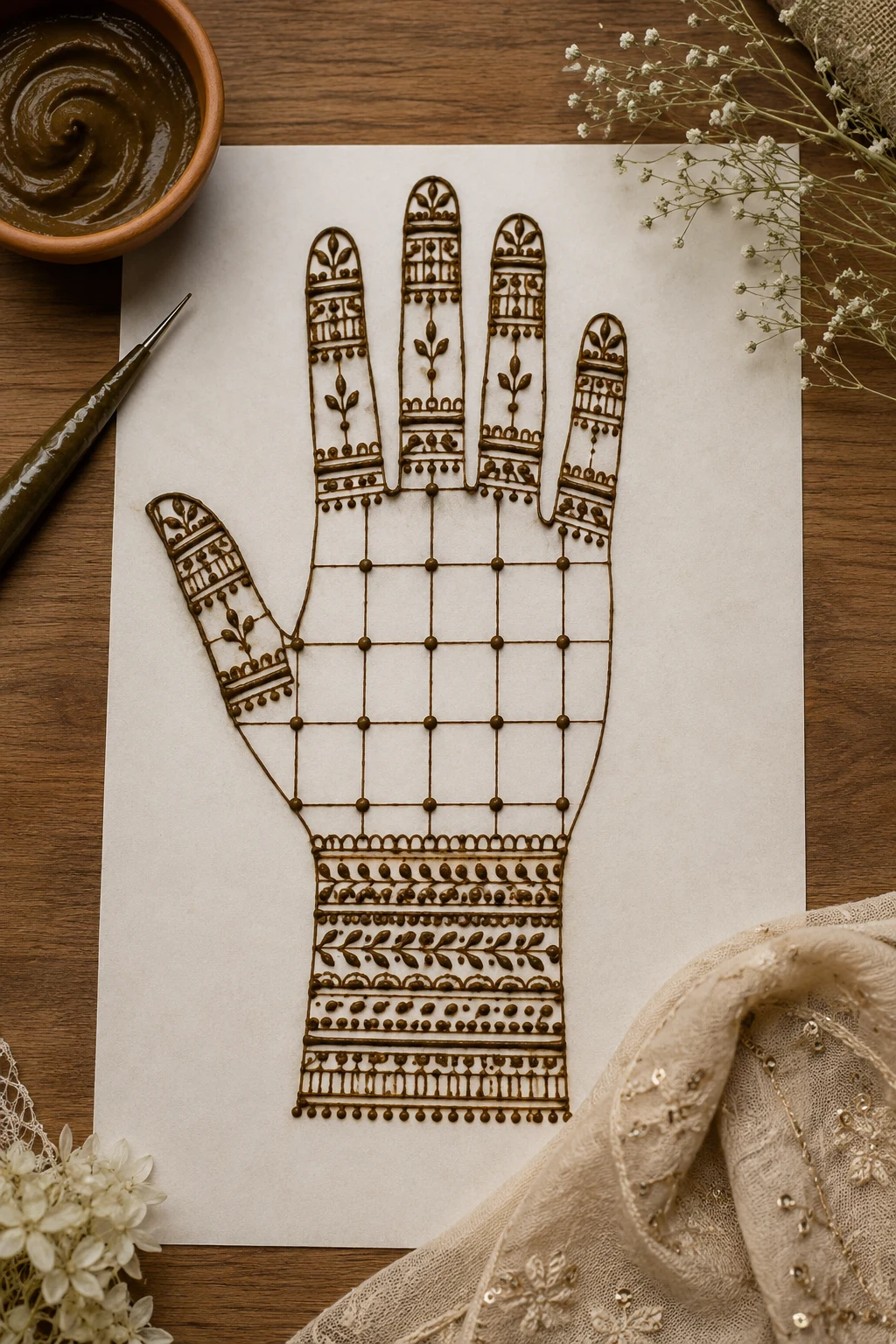 Full-Hand Minimal Grid — very simple mehndi designs style outfit