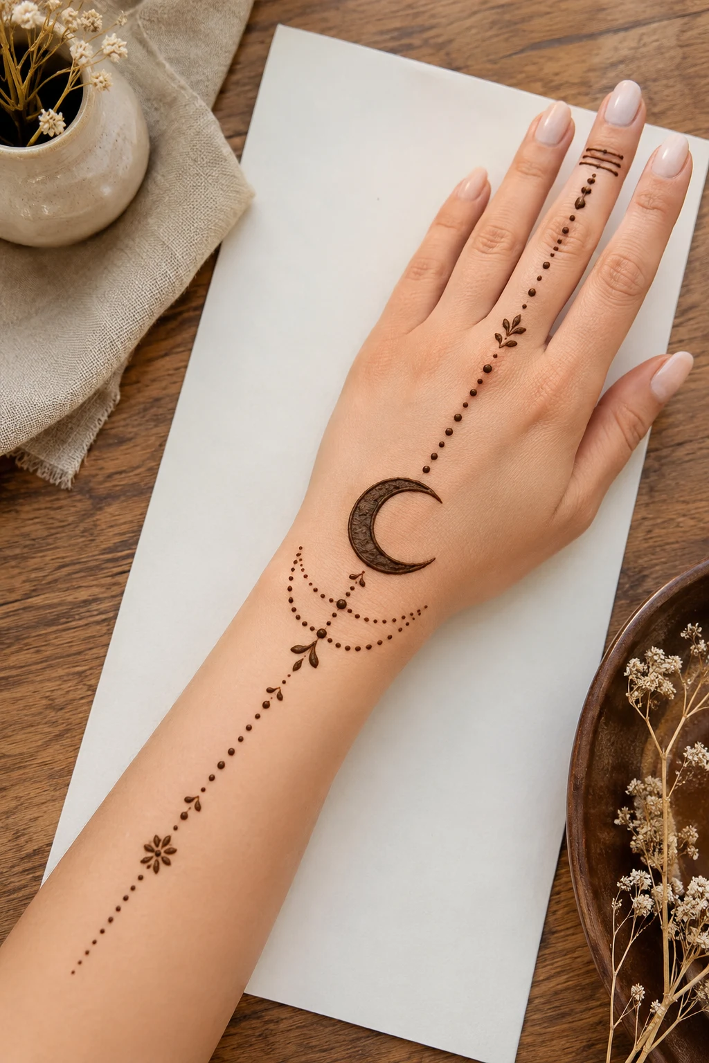 Crescent Moon & Dots — very simple mehndi designs style outfit