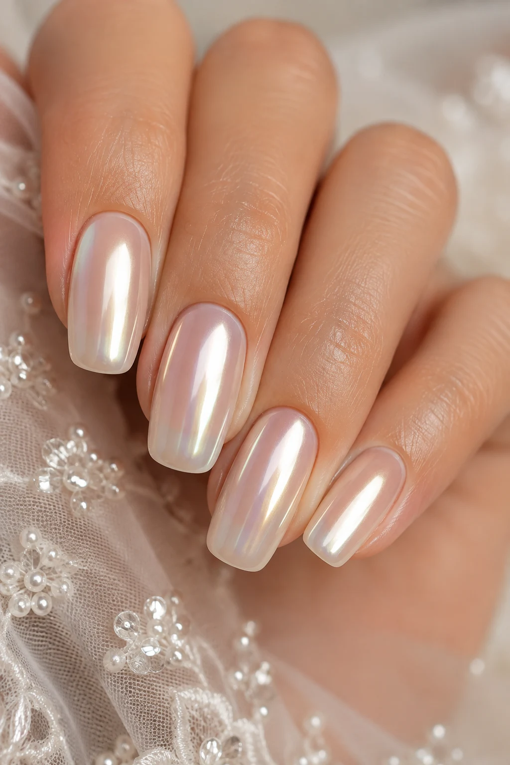 Soft Pearl Chrome Bridal Glow — wedding nails for bride style outfit