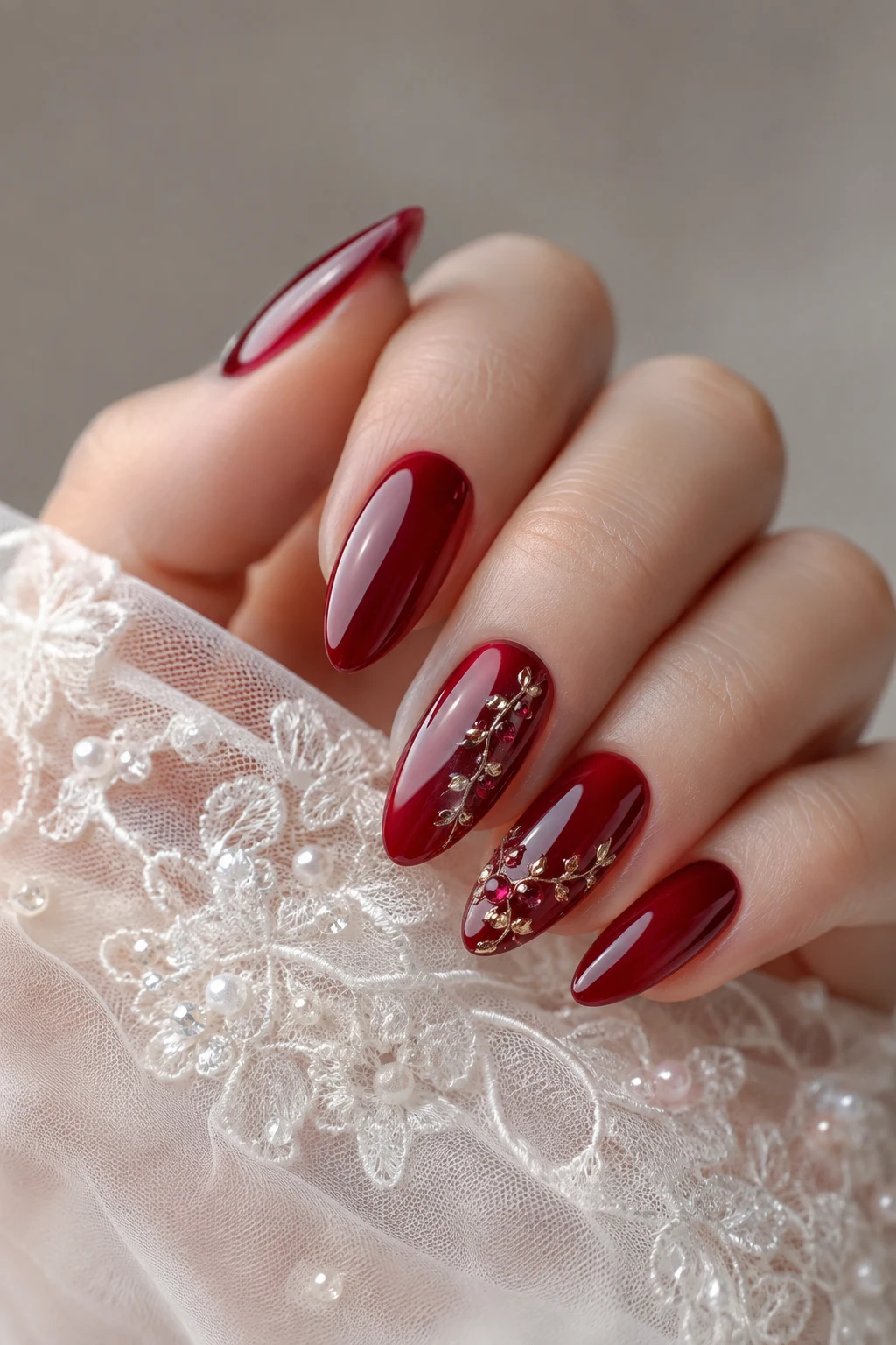 Elegant Ruby Red Bridal Nails — wedding nails for bride style outfit