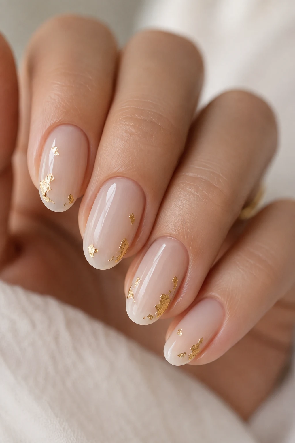 Minimalist neutral Nails with Tiny Gold Foil — wedding nails for bride style outfit