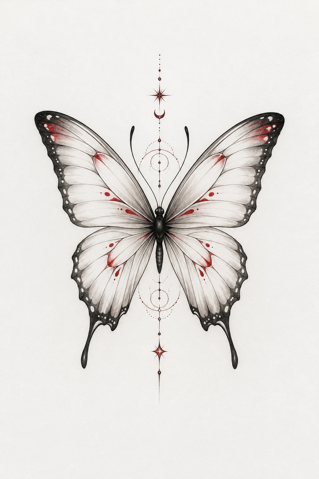 White Butterfly Tattoo With Red Details — white butterfly tattoo style outfit
