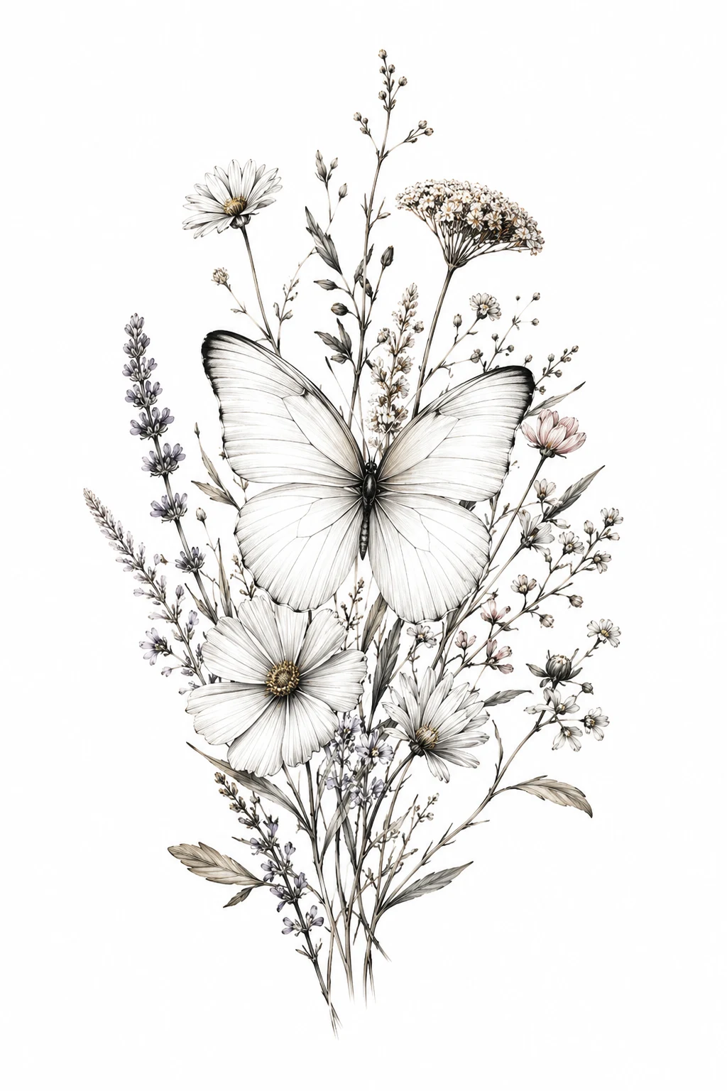 White Butterfly Tattoo With Wildflowers — white butterfly tattoo style outfit