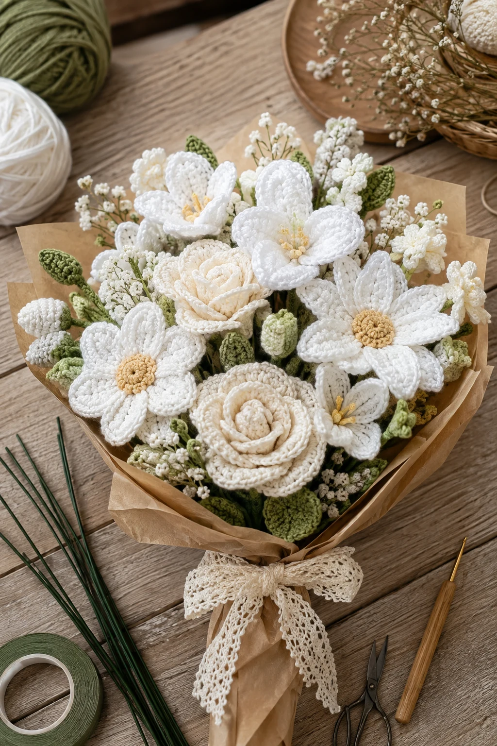 White Crochet Flower Bouquet — white crochet ideas style outfit