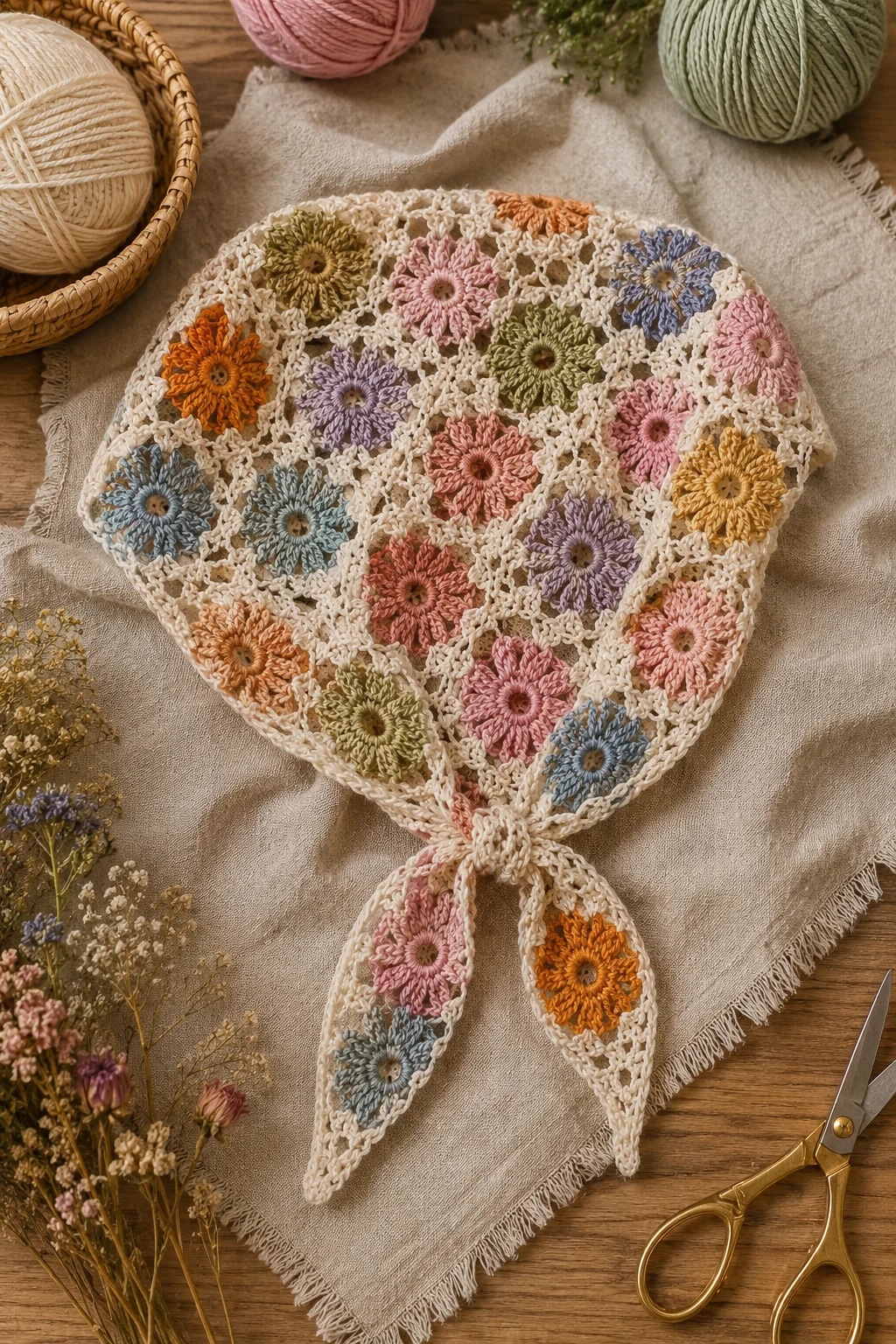 Crochet Flower Hair Scarf — y2k crochet ideas style outfit