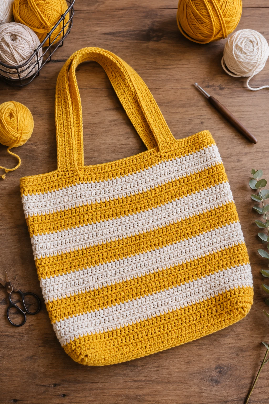 Striped Market Bag — yellow yarn crochet ideas style outfit