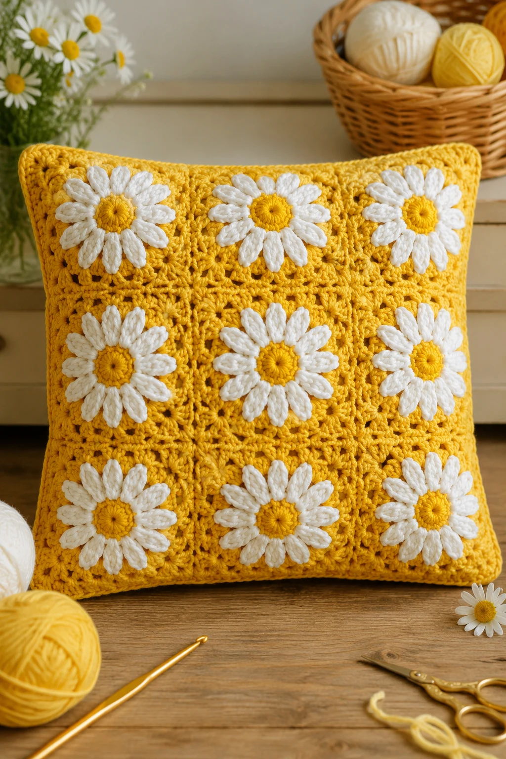 Yellow Daisy Pillow — yellow yarn crochet ideas style outfit