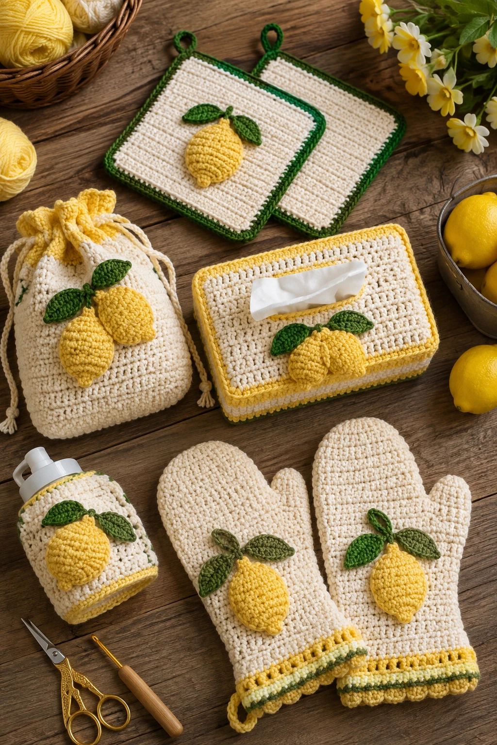 Lemon-Themed Kitchen Set — yellow yarn crochet ideas style outfit
