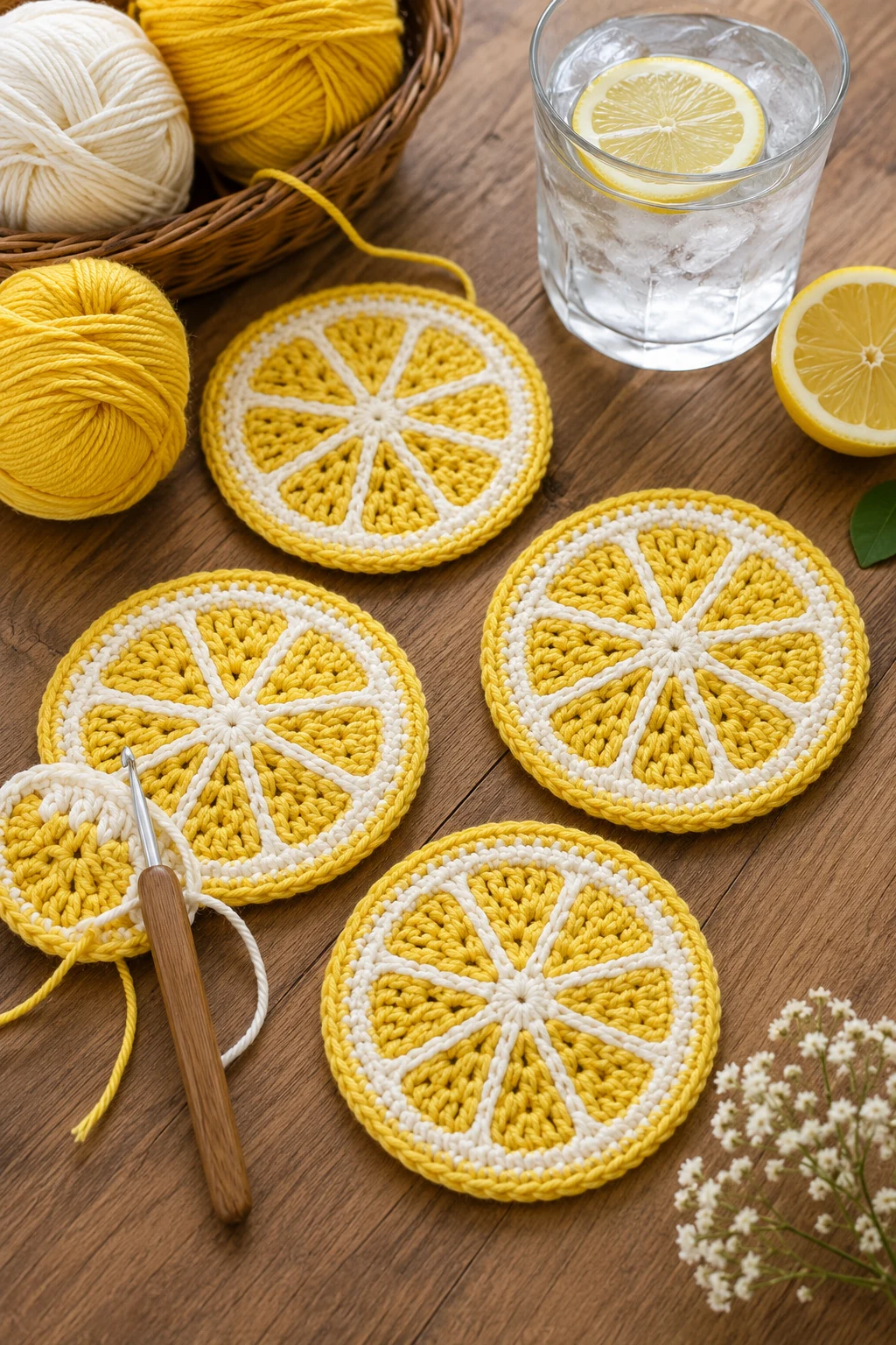 Lemon Slice Coasters — yellow yarn crochet ideas style outfit