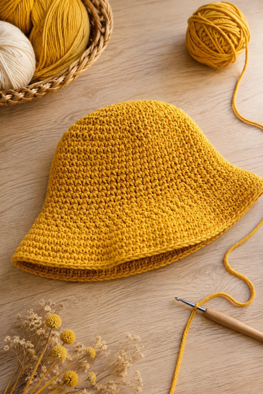 Mustard Yellow Bucket Hat — yellow yarn crochet ideas style outfit
