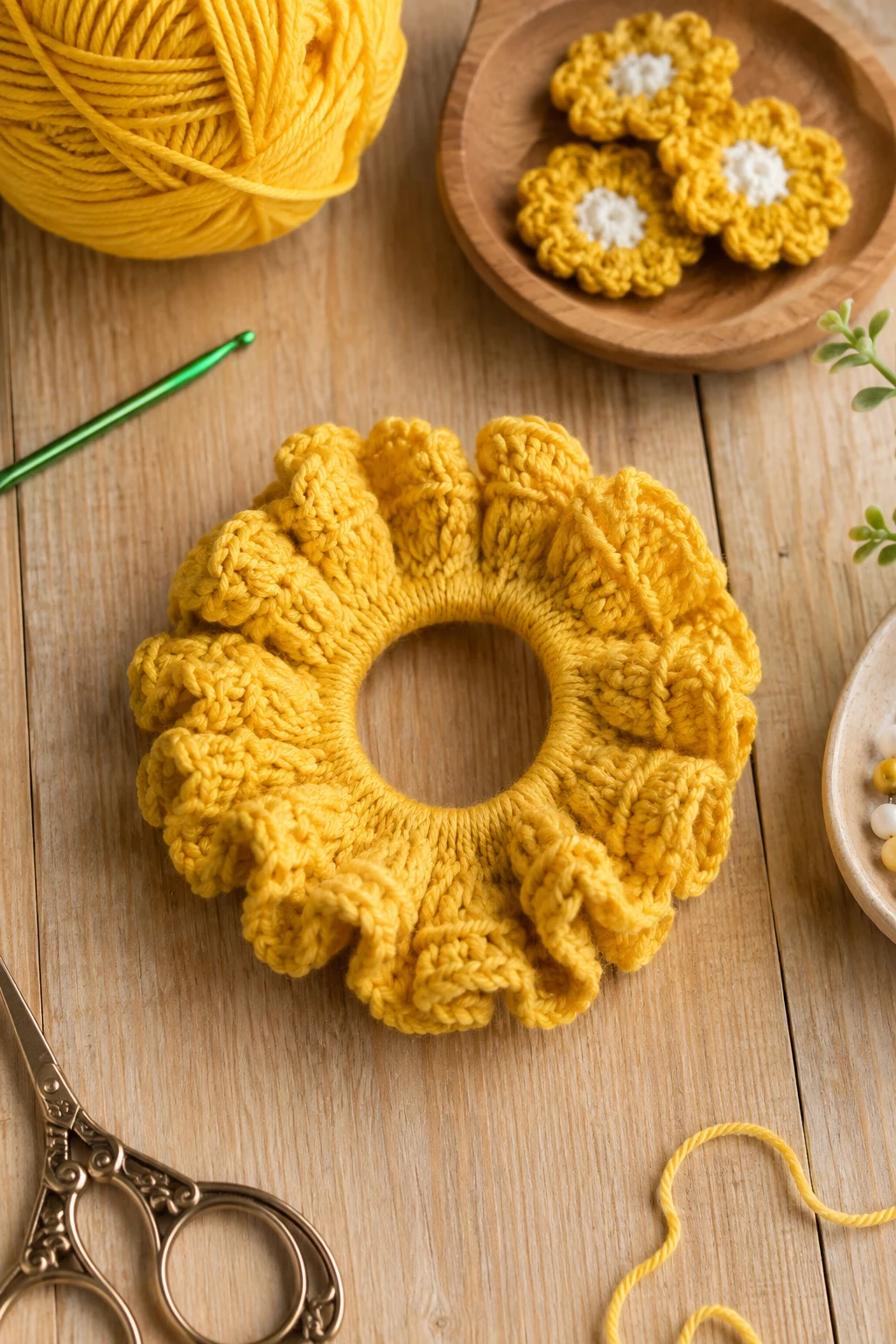 Cheerful Crochet Scrunchie — yellow yarn crochet ideas style outfit
