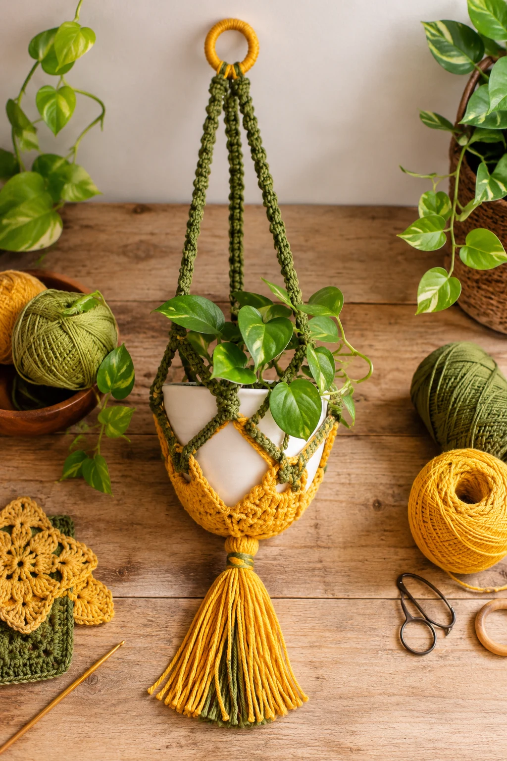 Yellow and Green Plant Hanger — yellow yarn crochet ideas style outfit