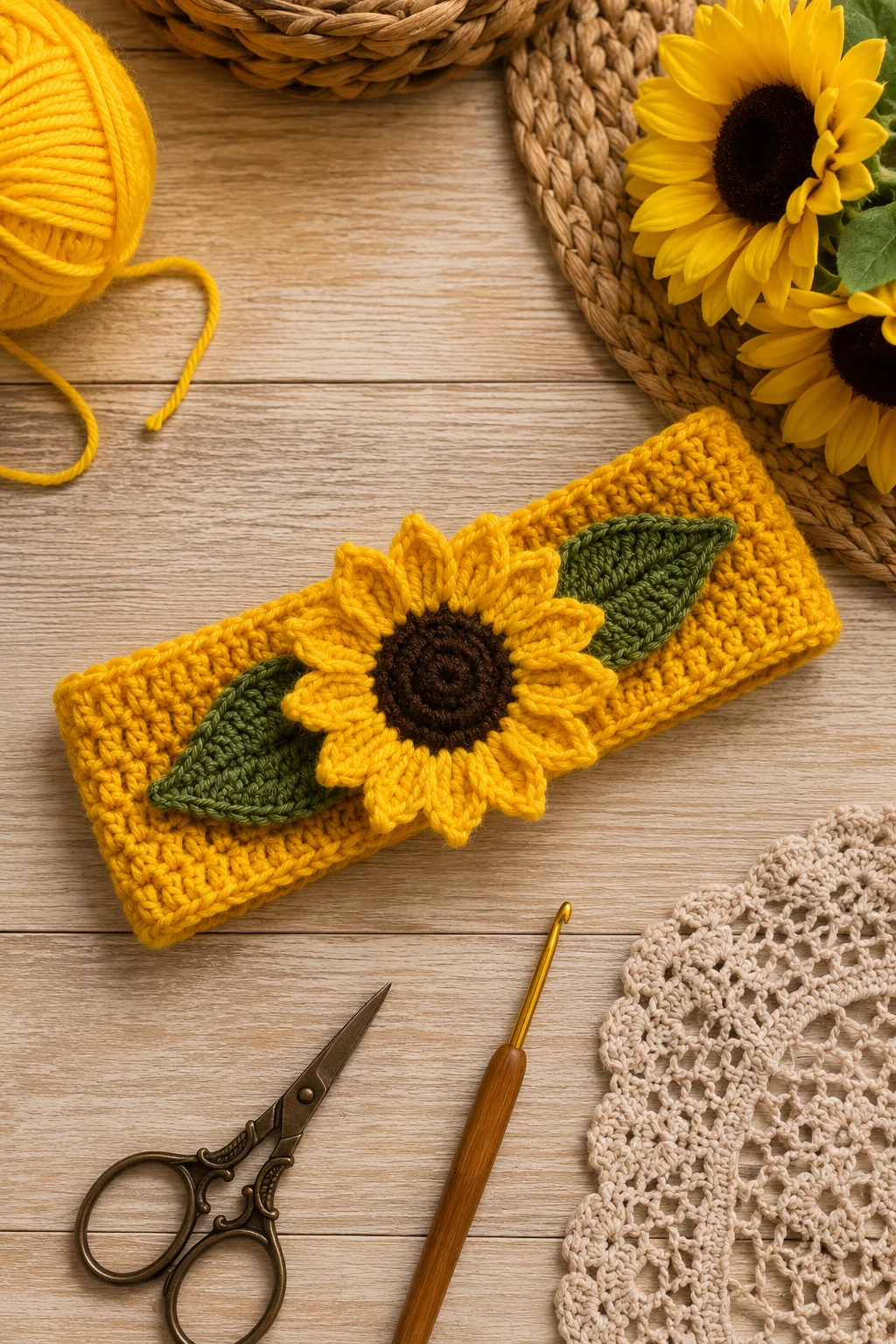 Golden Sunflower Headband — yellow yarn crochet ideas style outfit