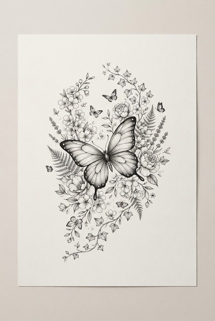 Half-Sleeve Botanical Butterfly Garden — 4 butterfly tattoo style outfit