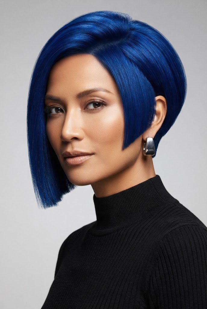 Electric Blue Asymmetrical Bob — 80s hairstyles for short hair style outfit