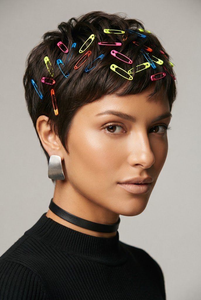 Neon Yellow Safety-Pin Crop — 80s hairstyles for short hair style outfit